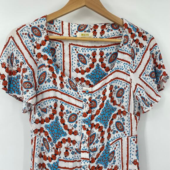 Anthropologie Maeve Praslin Mini Dress Floral Geometric Print Retro White Blue 2 - Picture 4 of 9